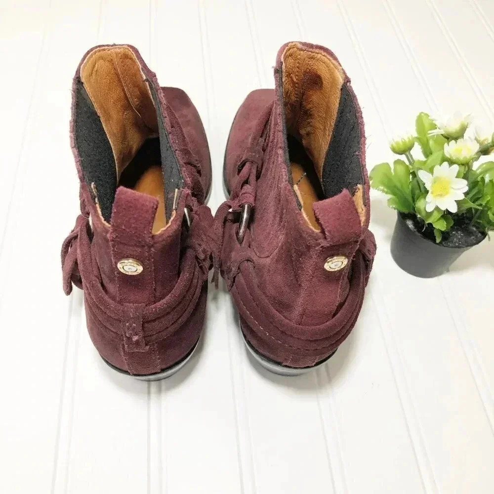 Diesel Maroon Suede Heeled Buckle Booties, Size 37